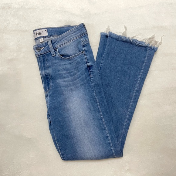Paige Colette Crop Flare Distressed Blue Jeans w Raw Hem - Picture 6 of 16